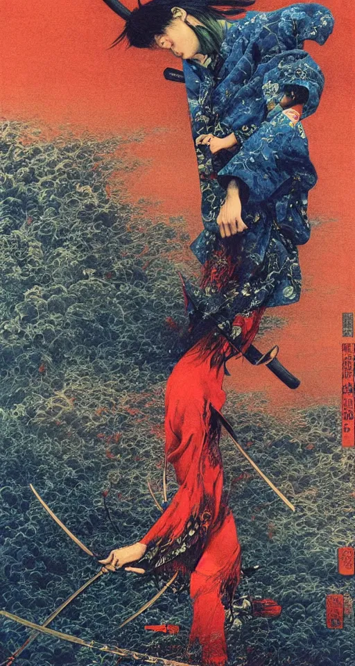 Image similar to Japanese schoolgirl runs away from Samurai with a katana on the subway, high detailed Beksinski painting, part by Adrian Ghenie and Gerhard Richter. art by Takato Yamamoto. masterpiece, deep colours, blue