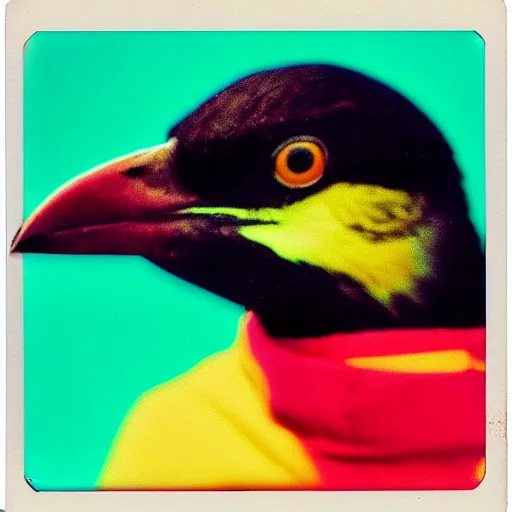 Prompt: close-up shot of a bird wearing hoodie in 80s, at the party, colourful Polaroid photo, by Warhol