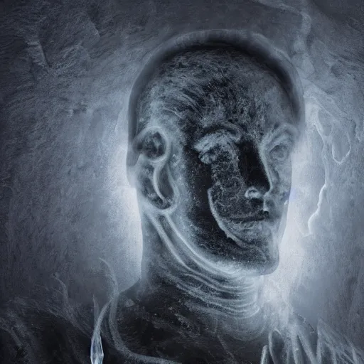 Image similar to iceman portrait, full body. ice twirls around the figure, haze. dark shadows in the background. volumetric light. heavy stormy clouds forming tornado above. all made from ice. h. r. giger.