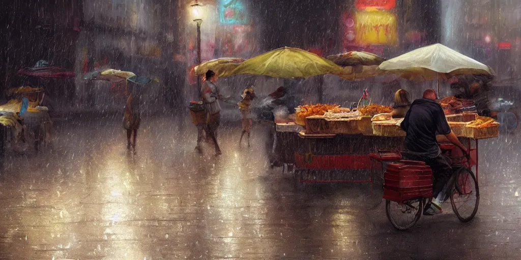 Image similar to Street food vendor prepares your meal as it rains, cozy wallpaper, 4k, high details, volumetric dynamic lighting, motion blur, blur, bokeh, trending on Artstation, award-winning, art by Greg Rutkowski