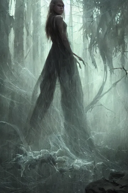 Prompt: a young woman covered in cobwebs, dramatic lighting, cinematic, dark forest, greg rutkowski