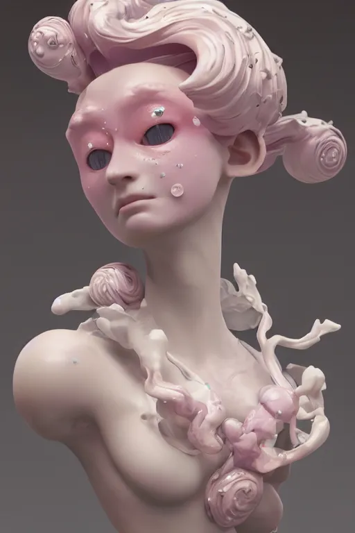 Image similar to an epic non - binary model, subject made of white cracked porcelain with oozing bubbles bursting out, delicate, beautiful, intricate, with pastel pink highlights, melting, houdini sidefx, by jeremy mann and ilya kuvshinov, jamie hewlett and ayami kojima, trending on artstation, bold 3 d