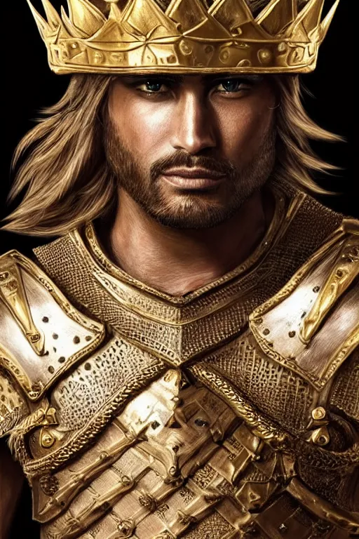 Image similar to photo-realistic Portrait of the King of the Desert, Warrior Man, standing in Sand, detailed scene, Gold Armour and Crown, Sword, handsome attractive face, beautiful face, photo realistic, highly detailed, dramatic lighting, majestic, trending on artstation, elegant, intricate, highly detailed, digital painting, concept art, by artgerm