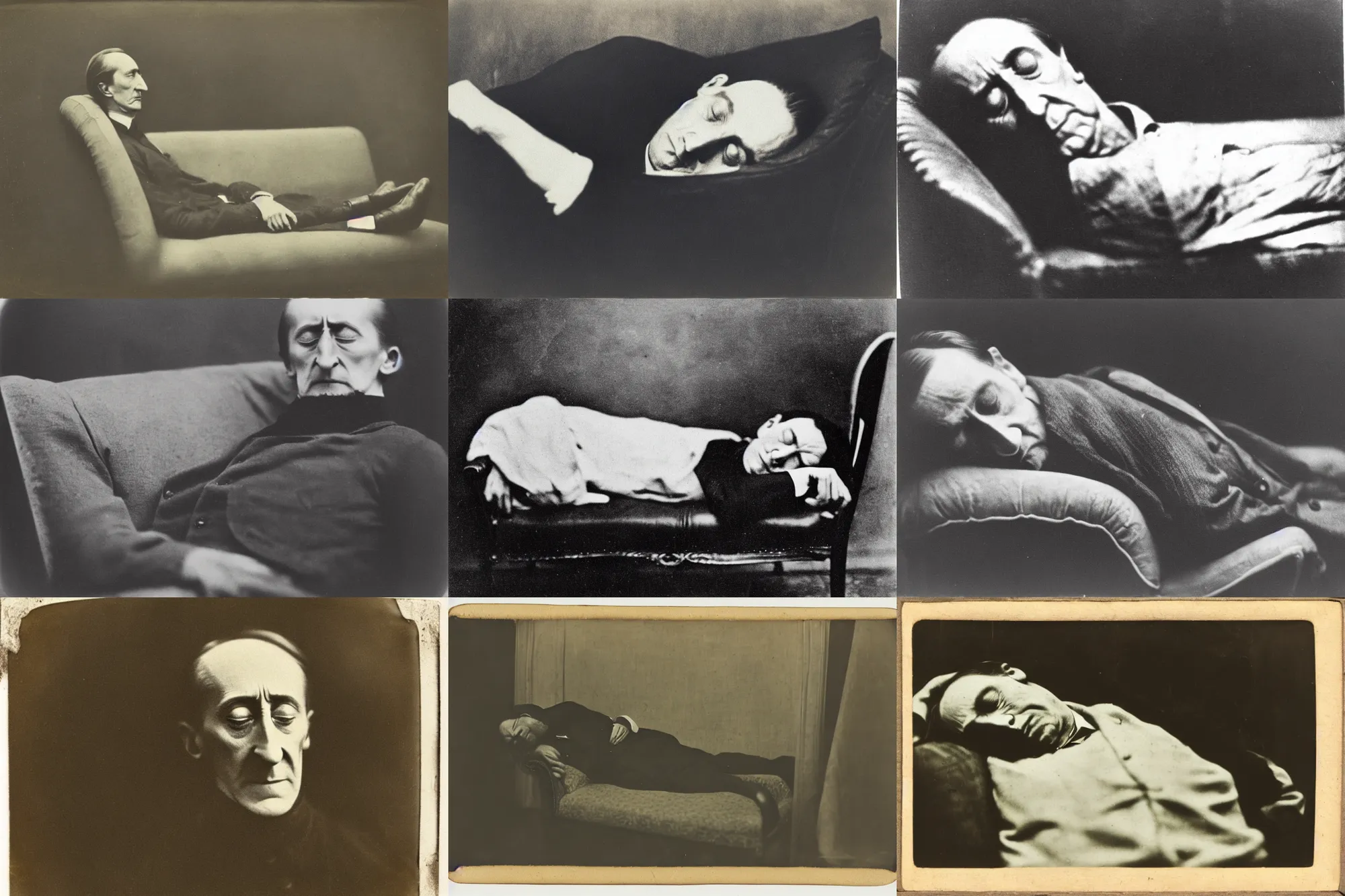 Prompt: tintype portrait of marcel duchamp with closed eyes taking a nap on a couch