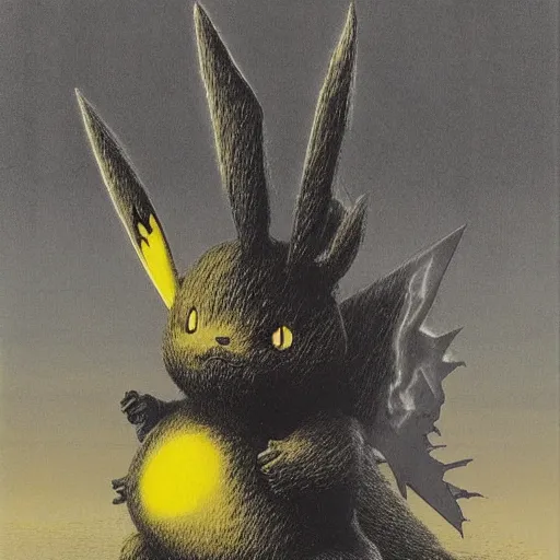 Prompt: Pikachu as a dark souls boss by zdzisław beksiński