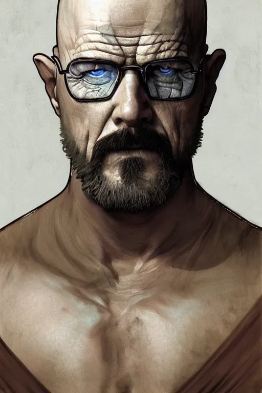 Image similar to Heisenberg as Kratos, highly detailed, digital painting, artstation, concept art, smooth, sharp focus, illustration, ArtStation, art by artgerm and greg rutkowski and alphonse mucha and J. C. Leyendecker and Edmund Blair Leighton and Katsuhiro Otomo and Geof Darrow and Phil hale and Ashley wood and Ilya repin and Charlie Bowater