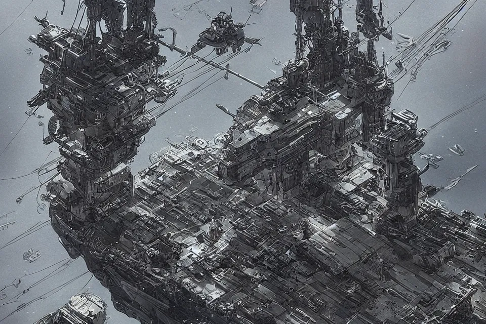 Image similar to cyberpunk battleship in the sky, concept art with intricate line drawings, by John Harris, Emil Melmoth, Craig Mullins, Yoji Shinkawa, trending on artstation, moebius comic, Marc Simonetti, lan McQue, Kentaro Miura, hyper detailed, cinematic