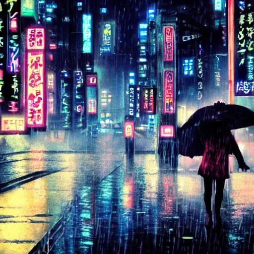 Image similar to sad night in neo - tokyo, rain