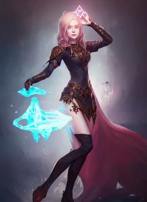 Prompt: dark fantasy female magician, magic orbs, magic water, human anatomy, wide angle view, fullbody view, highly detailed, qichao wang, artgerm, cushart krenz, zeronis, trending on artstation, soft light, sharp edges, illustration, character design, concept art