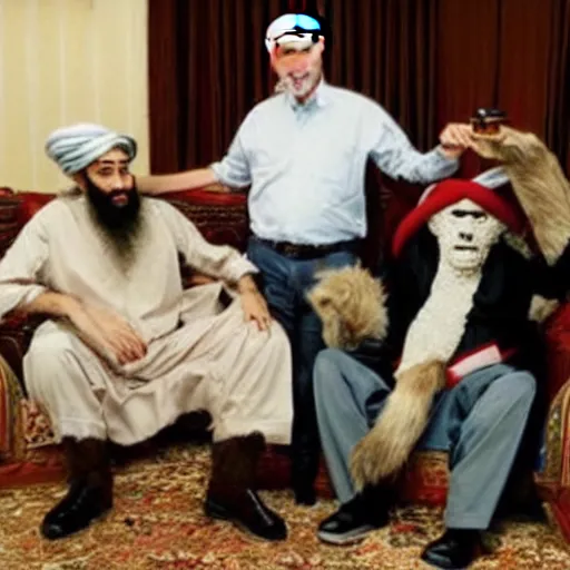 Image similar to bill clinton, osama bin laden and bigfoot eating babies together in dubai