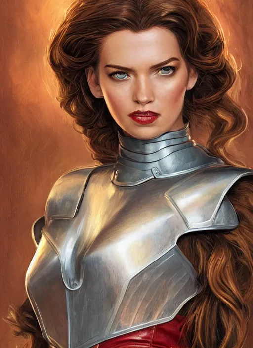 Image similar to beautiful female dorothy gale, rebecca romijn as dorothy, full body character concept, covered in full leather armor, armor plating, art nouveau, super powers, fantasy, intricate, elegant, highly detailed, digital painting, artstation, concept art, shining, sharp focus, illustration, art by stanley lau