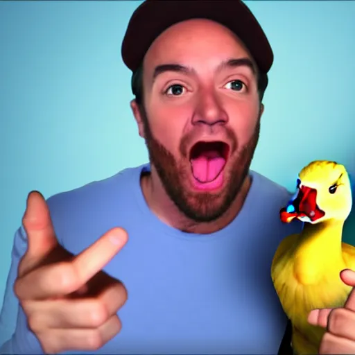 Image similar to two men close to the camera are surprised mouth agape pointing at a small duck further back in the shot, realistic, digital photo, suburb, youtube thumbnail, clickbait