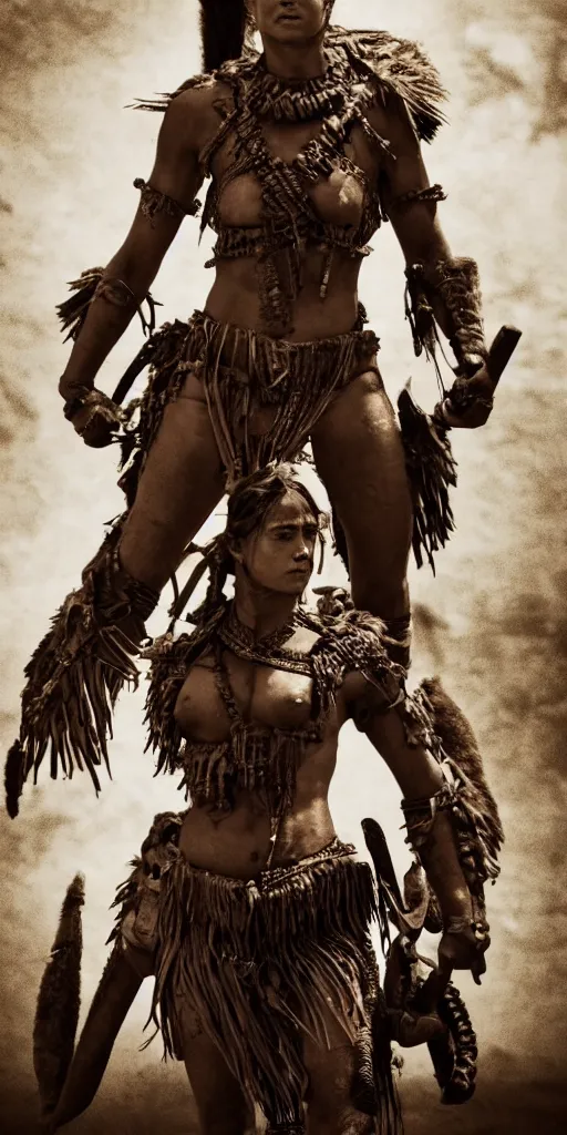 Prompt: solo ancient tribewoman standing against army, partially destroyed armor inspired monster hunter,back camera, muscular, symmetrical face, clean face, subtle make up, dramatic lighting, cinematic, establishing shot, extremely high detail, photorealistic, 300 the movie,monster hunter the movie, dune the movie, cinematic lighting, artstation, octane render, western,old photo, vintage, dust and destruction happening around her, freeze time