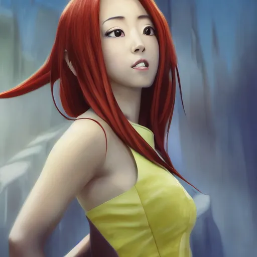 Image similar to Aimee Garcia as Orihime Inoue, professional modeling, looking down on the camera, detailed, centered, digital painting, artstation, concept art, donato giancola, Joseph Christian Leyendecker, WLOP, Boris Vallejo, Breathtaking, 8k resolution, extremely detailed, beautiful, establishing shot, artistic, hyperrealistic, beautiful face, octane render, cinematic lighting, dramatic lighting, masterpiece