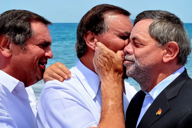 Prompt: bolsonaro kissing president lula at the romantic beach