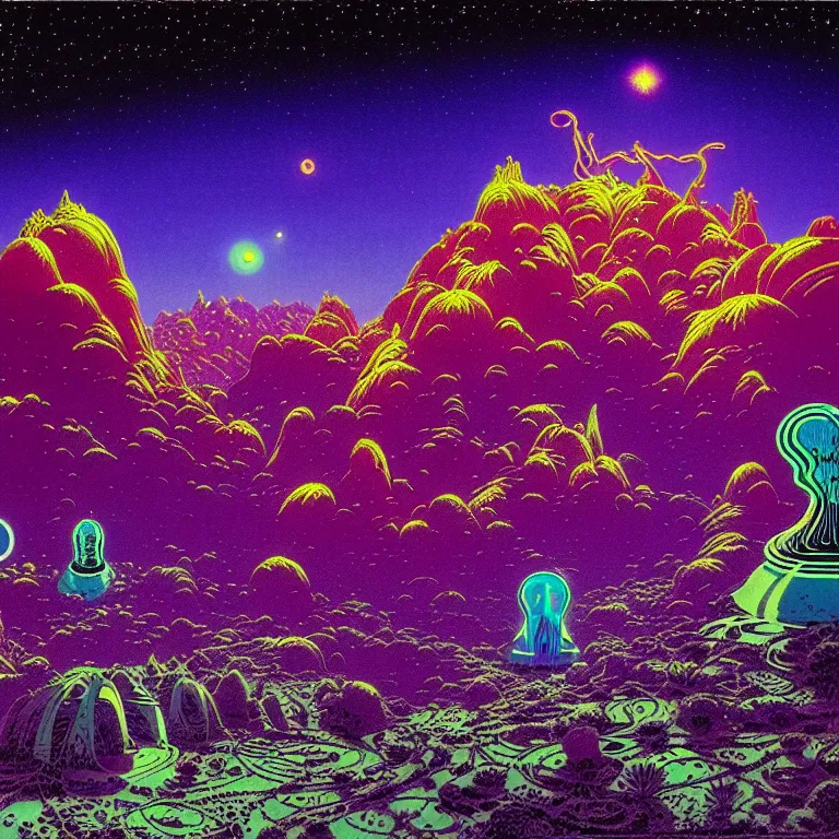 Prompt: astral projectors in mysterious desert canyon at night, infinite sky, synthwave, bright neon colors, highly detailed, cinematic, tim white, philippe druillet, roger dean, ernst haeckel, lisa frank, aubrey beardsley, kubrick, kimura, isono