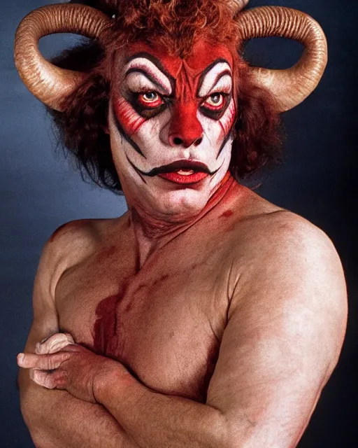 Image similar to tim curry in full makeup as darkness, the goat legged water buffalo horned red devil in ridley scott's movie legend. studio lighting, photoshoot in the style of annie leibovitz, atmospheric smoke