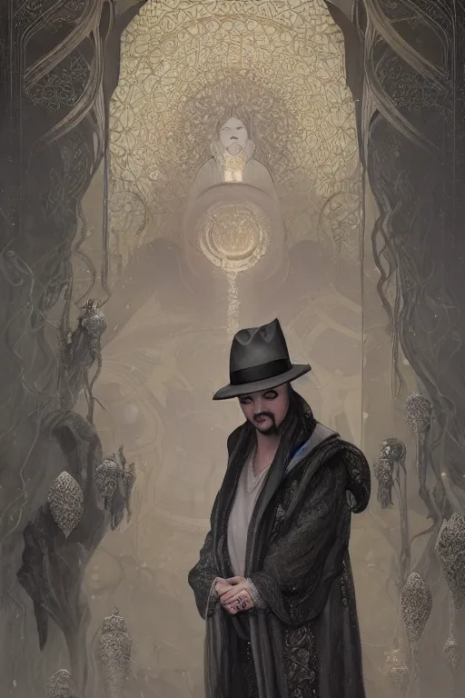 Image similar to portrait of boy george as dream of the endless, the sandman, grey clothes, in persian temple wet night, sci - fi and fantasy, intricate and very very beautiful and elegant, highly detailed, digital painting, artstation, concept art, smooth and sharp focus, illustration, art by tian zi and wlop and alphonse mucha