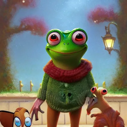 Prompt: promotional art, very very very cute disney pixar kek the frog character wearing a cozy sweater, iconic film character, detailed fur, concept artwork, 3 d render official art, promotional art, by ilya kuvshinov katsuhiro villeneuve, jeremy lipkin and michael garmash and rob rey, disney pixar zootopia