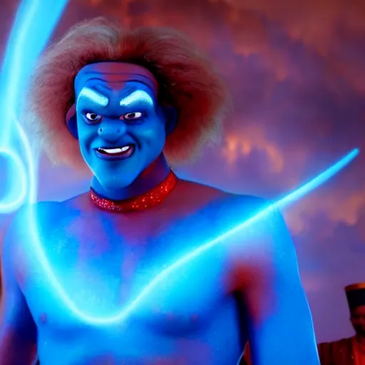 Prompt: doc brown as genie with blue skin in the movie aladdin, movie still 8 k hdr atmospheric lighting