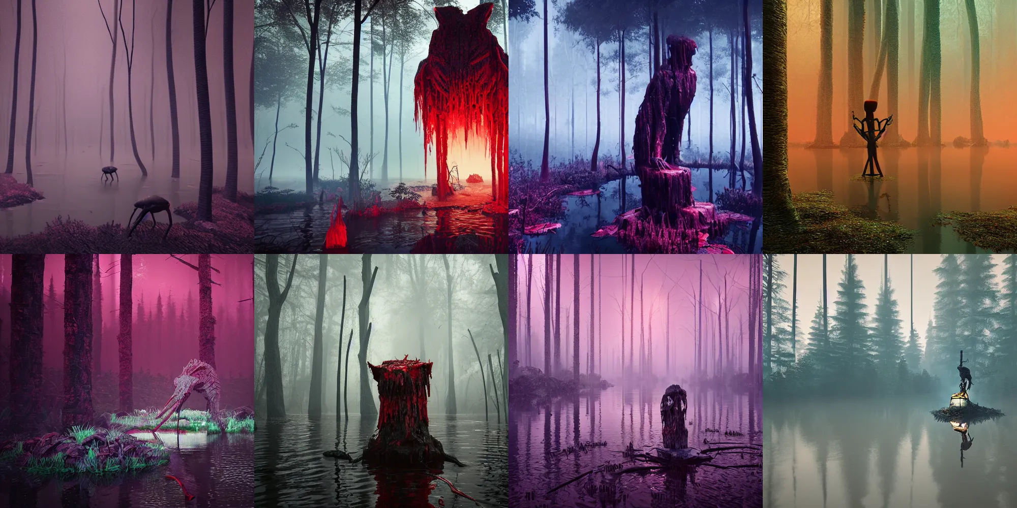 Prompt: beautiful dark bloody flooded forest landscape, old insect statue covered in blood, in the style of beeple and Mike Winkelmann, photo real, ultra realistic, intricate, epic lighting, 8k resolution, unreal engine 5, ultraviolet colors,
