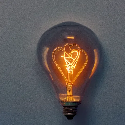 Image similar to an edison bulb glowing with a heart-shaped filament, minimalist, ephemeral, detailed, elegant, stock photo, Sony a7R, trending on artstation