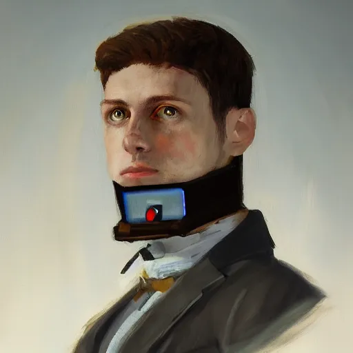 Image similar to portrait : painting of alexander blok became a robot, trending on artstation, unreal engine, fantasy art
