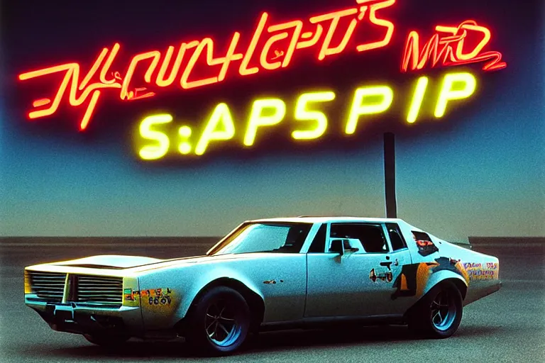 Image similar to designed by memphis group stylized poster of mad max's pursuit special, the last v 8 interceptor, thick neon lights, ektachrome photograph, volumetric lighting, f 8 aperture, cinematic eastman 5 3 8 4 film