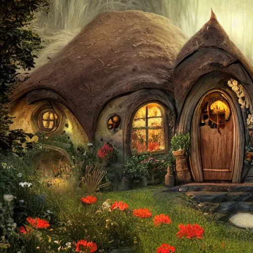 Image similar to a medieval hobbit house made of jelly, ornate, beautiful, atmosphere, vibe, flowers, concept art illustration, color page, 4 k, tone mapping, doll, akihiko yoshida, james jean, andrei riabovitchev, marc simonetti, yoshitaka amano, digital illustration, greg rutowski, volumetric lighting, sunbeams, particles