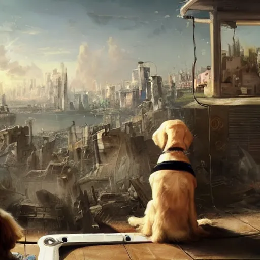 Prompt: a dog and a robot watching destroyed city from a rooftop, painting , beautiful, Concept art