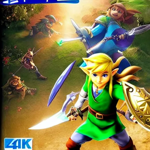 Image similar to video game box art of a ps 4 game called link's adventure to save zelda once again, 4 k, highly detailed cover art.