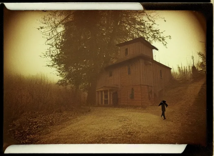 Prompt: medium shot, a plague doctor walks towards a house, woods, horror, night, polaroid photo, vintage, neutral colors, by gregory crewdson,