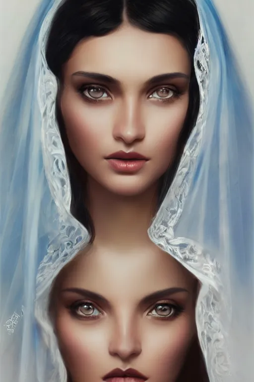 Image similar to modern tanned Ameera al-Taweel, bright blue eyes, wavy black hair, white veil, closeup, focus face, elegant, highly detailed, centered, oil painting, artstation, concept art by tom bagshaw