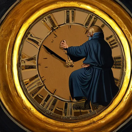 Prompt: medieval monk maintaining an extremely complex mechanical clock, oil painting, warm lighting