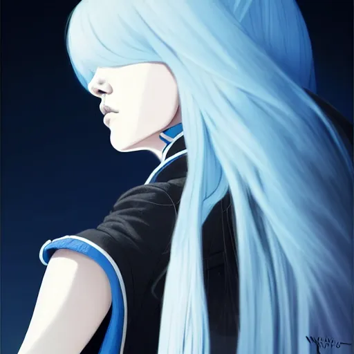 Image similar to low - angle shot from behind of a long light blue - haired girl in a blue tailcoat with a scabbard, combat boots, noir, screenshot, sharp focus, intricate, illustration, cell shaded, digital painting, highly detailed, straight hair, art by ilya kuvshinov, wlop, greg rutkowski, studio quality, james jean