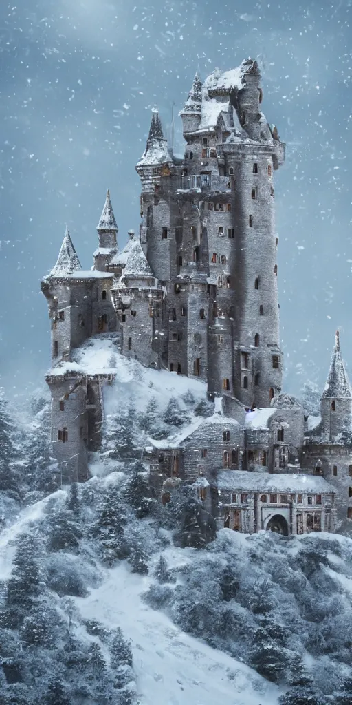 Prompt: a abandoned castle on the top of a snowy mountain, 8 k, shallow depth of field, intricate detail, concept art,