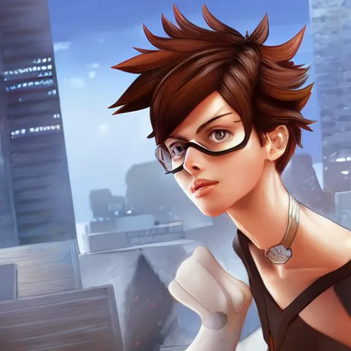 Image similar to digital artwork of tracer sitting on a rooftop, in the style of artgerm, detailed face, expressive face, feminine face,