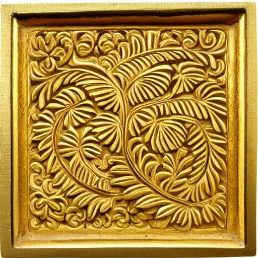 Prompt: ornate engraved carving of a fern leaf on a square gold panel