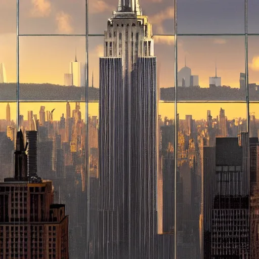 Prompt: serene rivers of water flowing from the windows, fluid simulation, empire state building, long shot, 2 0 0 mm, orthogonal perspective, photorealist, panorama, new york background, detailled, sharp focus, realistic, trending on artstation, cg society, 8 k, unreal