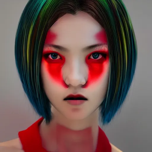 Image similar to japanese model with maximalist hair style and makeup, bright colors, fashion model, unreal engine octane, red and white, portrait, gliter, depth of field, 8 k, hyper detailed, intricate, trending on artstation