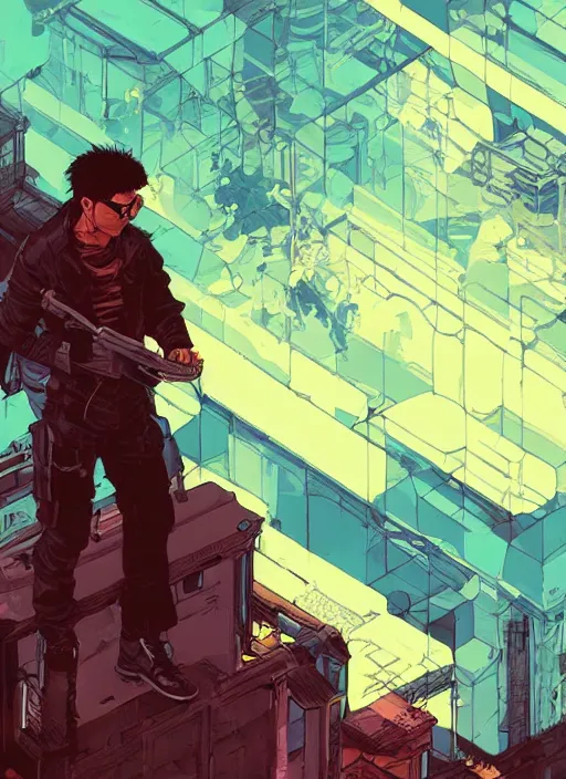 Image similar to hector tanaka. cyberpunk mercenary with scenic background. portrait illustration, pop art, art by ashley wood, alphonse mucha, laurie greasley and josan gonzalez. cinematic. dynamic lighting. realistic proportions. creative design. cell shading