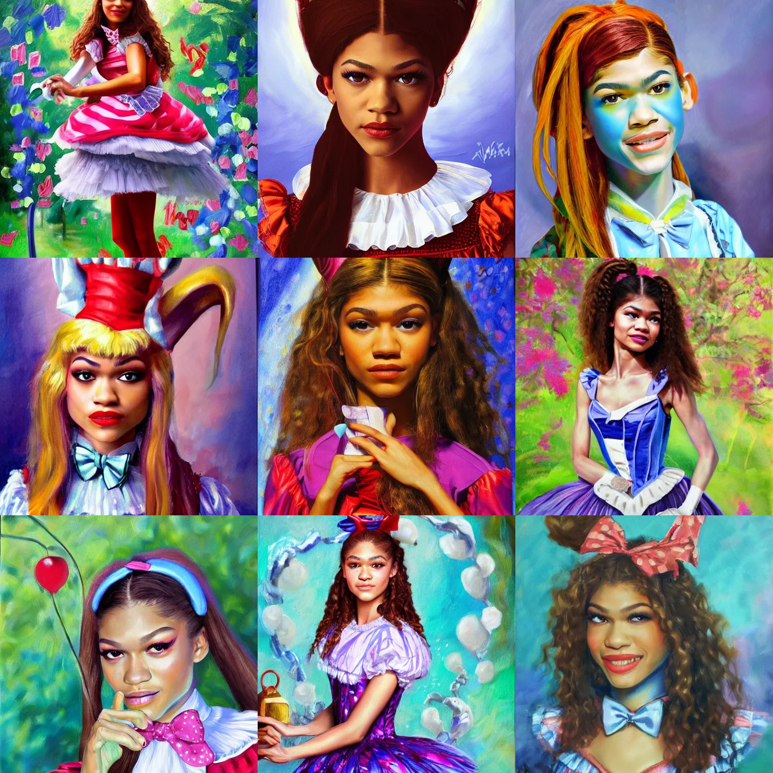 Prompt: zendaya as Alice in wonderland, oil painting, high detail,