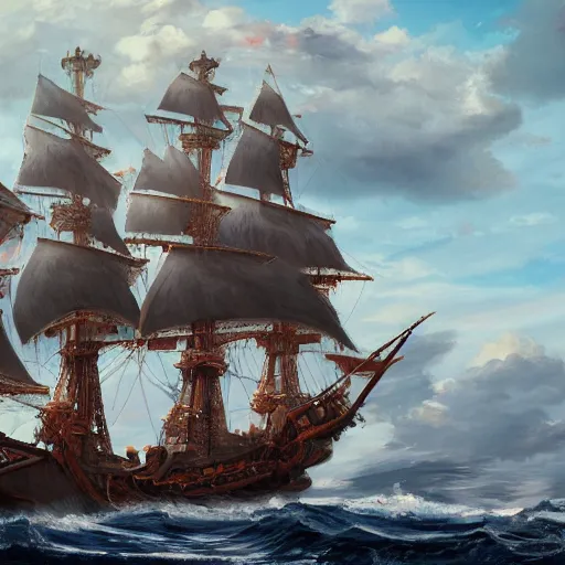 Image similar to A Wide Shot artistic masterpiece of a giant pirate ship, sun, clouds, ocean, 4k, ultra detailed, artstation