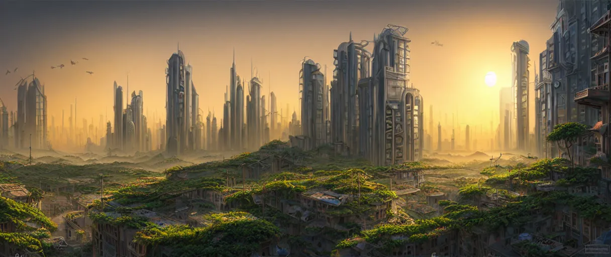 Image similar to matte painting solarpunk cityscape plants highly detailed sunrise