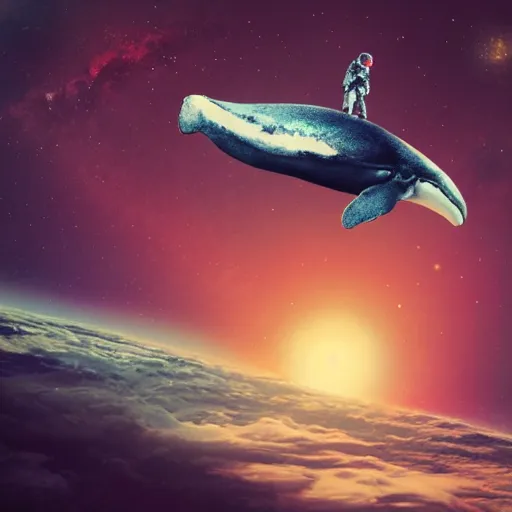 Prompt: astronaut riding on top of floating whale, in undiscovered place, space, exploration, science fiction, fine details, beautiful sky, infinite view, neo