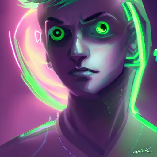 Image similar to a digital matte intricate face illustration concept art, young danny phantom with glowing green eyes cute alt art fashion inspired by charlie bowater and wlop and mark arian and ross tran + neon colors, symmetry, intricate complexity, epic composition, magical atmosphere, highly detailed, cinematic lighting + masterpiece, trending on artstation + 8 k