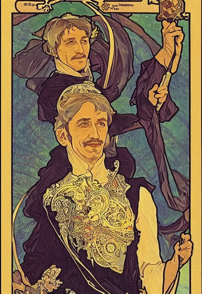 Prompt: old geoffrey hinton as the emperor on a tarot card, tarot in art style by alphonse mucha