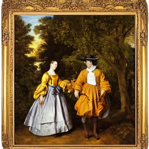 Prompt: a couple walking in central park wearing fine clothes surrounded by vegetation on fall. fine art, oil on canvas baroque style 1 6 5 6 by diego velasquez.