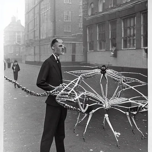 Prompt: giant spiders wearing suits on the streets of london, 1930s photograph