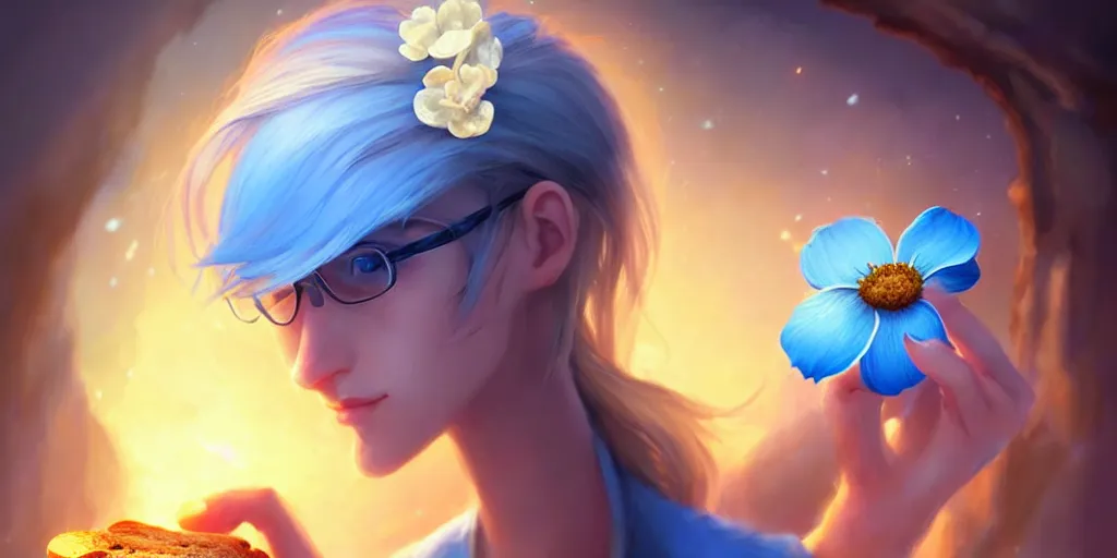 Prompt: epic professional digital art of a bread toast!!!! wearing 👓 and a blue flower, best on artstation, cgsociety, wlop, cosmic, epic, stunning, gorgeous, much detail, much wow, masterpiece, backlight